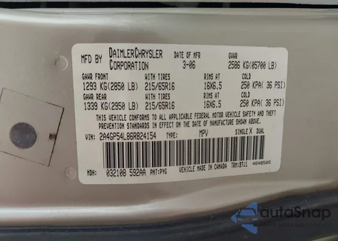 2006 Chrysler Town & Country Touring z USA, uszkodzony, nr VIN 2A4GP54L86R824154